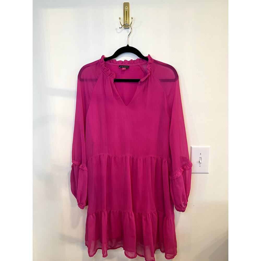 Vince Camuto Fuchsia Tiered Mini Dress Medium Sheer Sleeve Babydoll  Or: